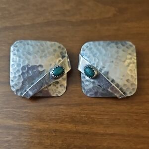 Hammered Silver Square Earrings with Green Stone